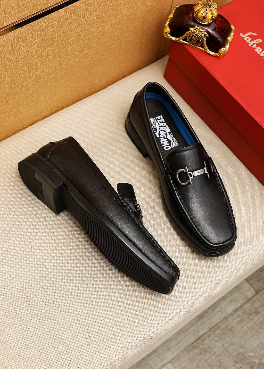 Ferragamo Black Metal-Bit Loafers — front