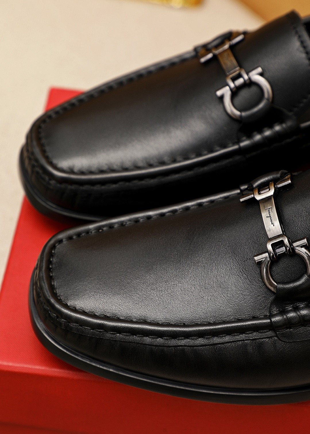 Ferragamo Black Metal-Bit Loafers — detail