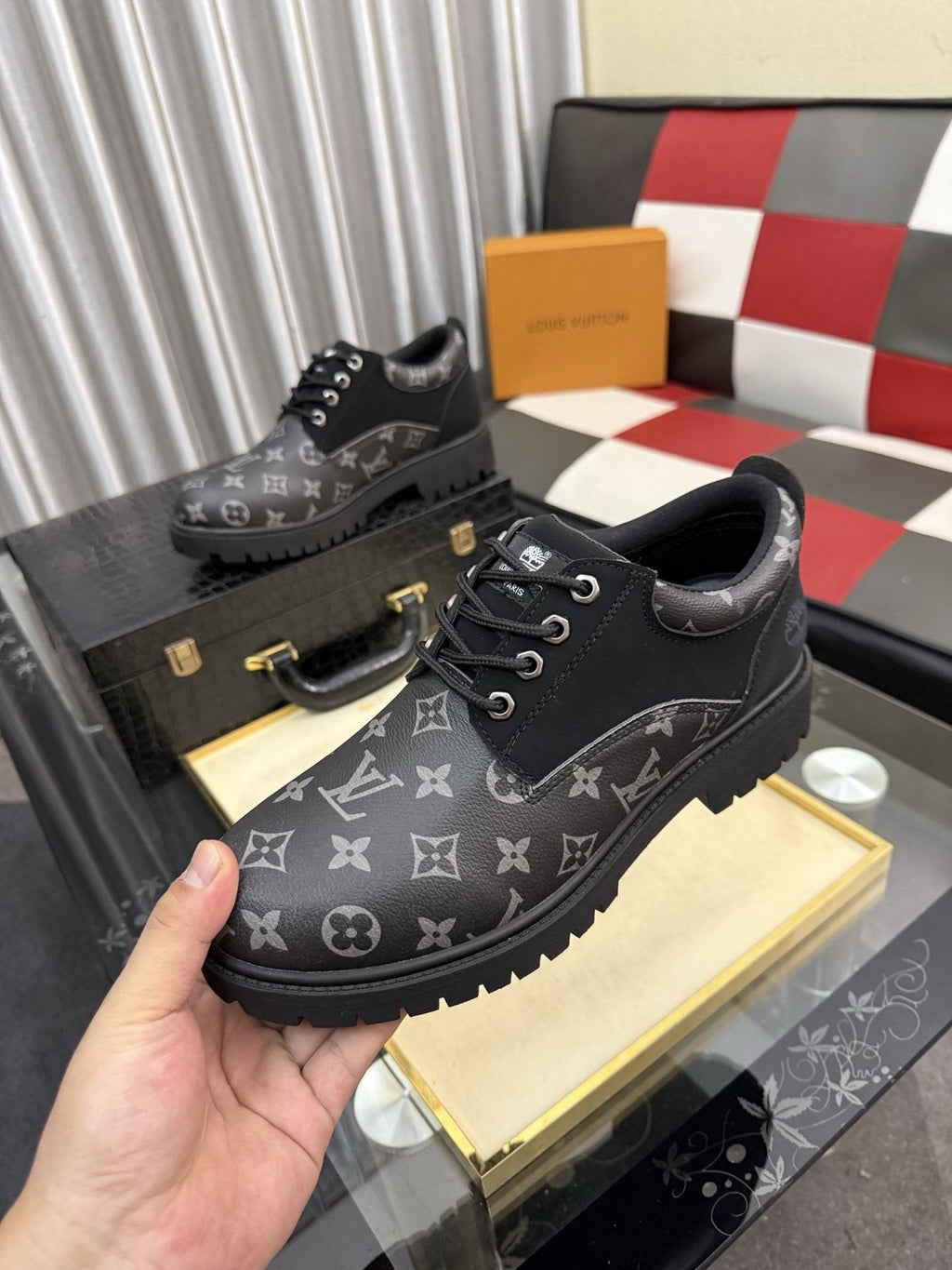 Black & Dark Gray Monogram Lace-Up Shoes — model