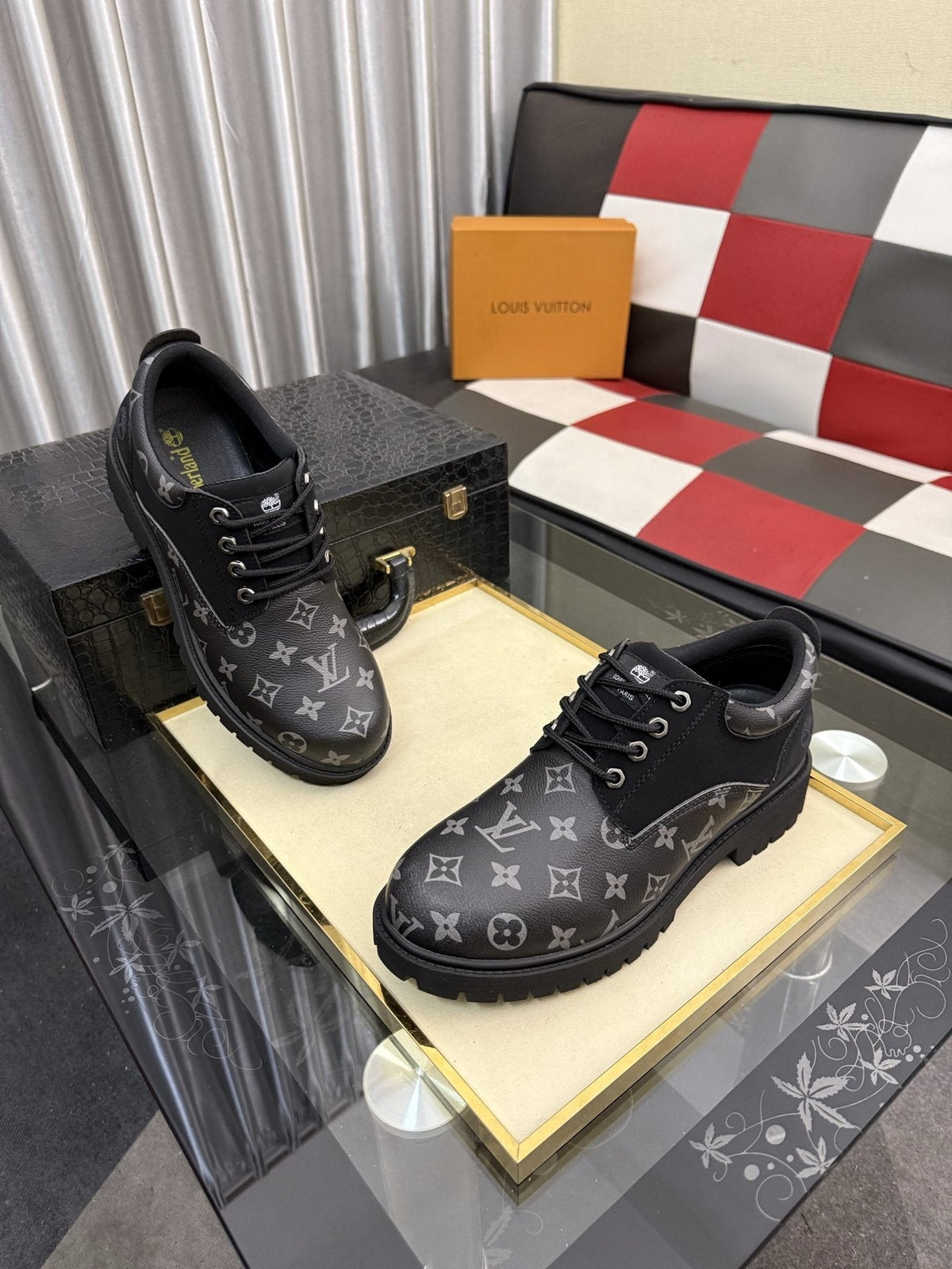 Black & Dark Gray Monogram Lace-Up Shoes — side