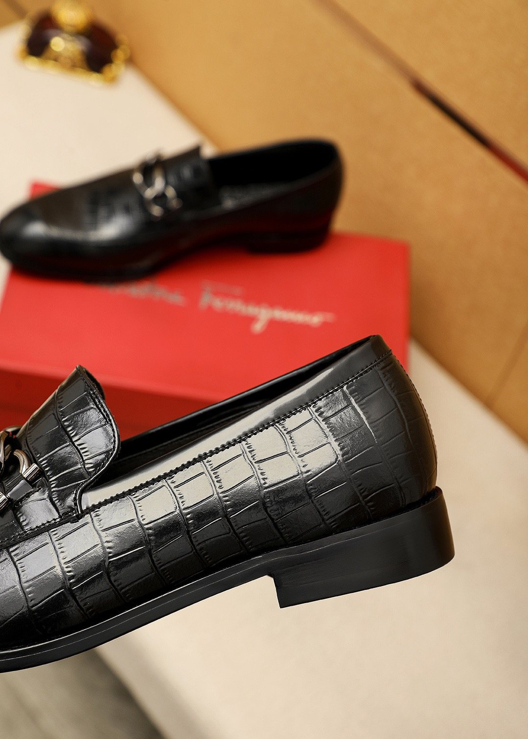 Ferragamo Black Embossed Bit Loafers — detail