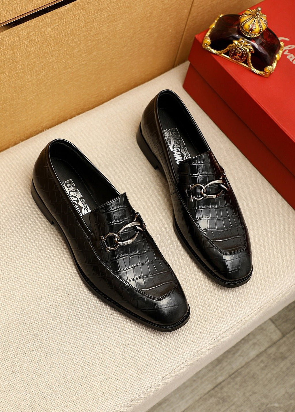 Ferragamo Black Embossed Bit Loafers — hero