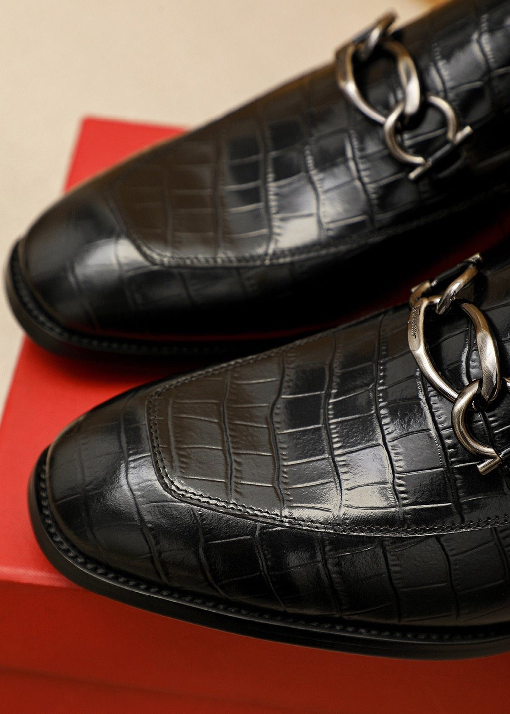 Ferragamo Black Embossed Bit Loafers — detail