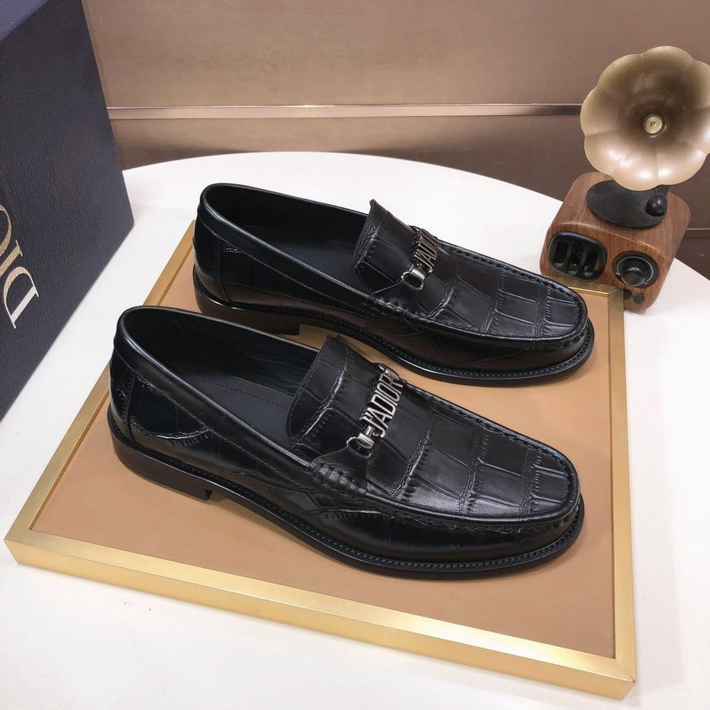 Dior Black Croc-Embossed Logo Loafers — front