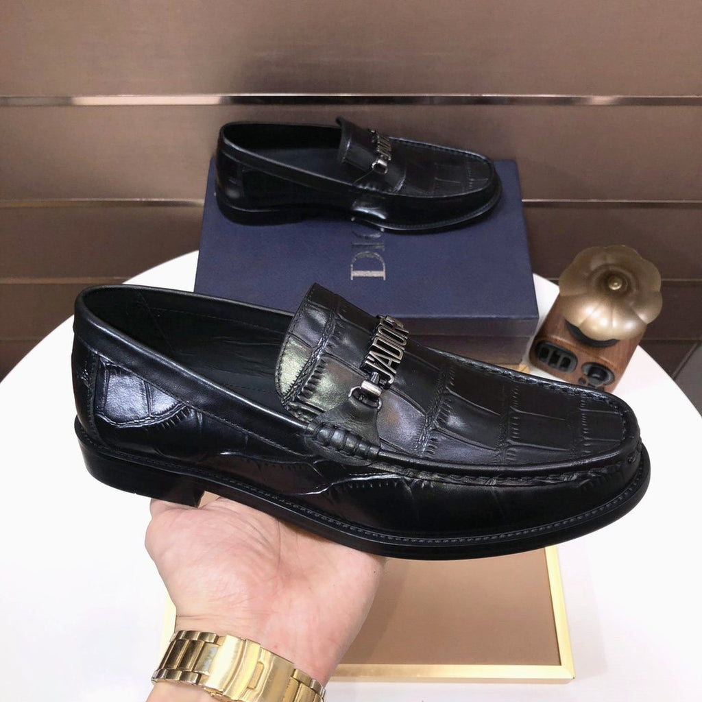 Dior Black Croc-Embossed Logo Loafers — side