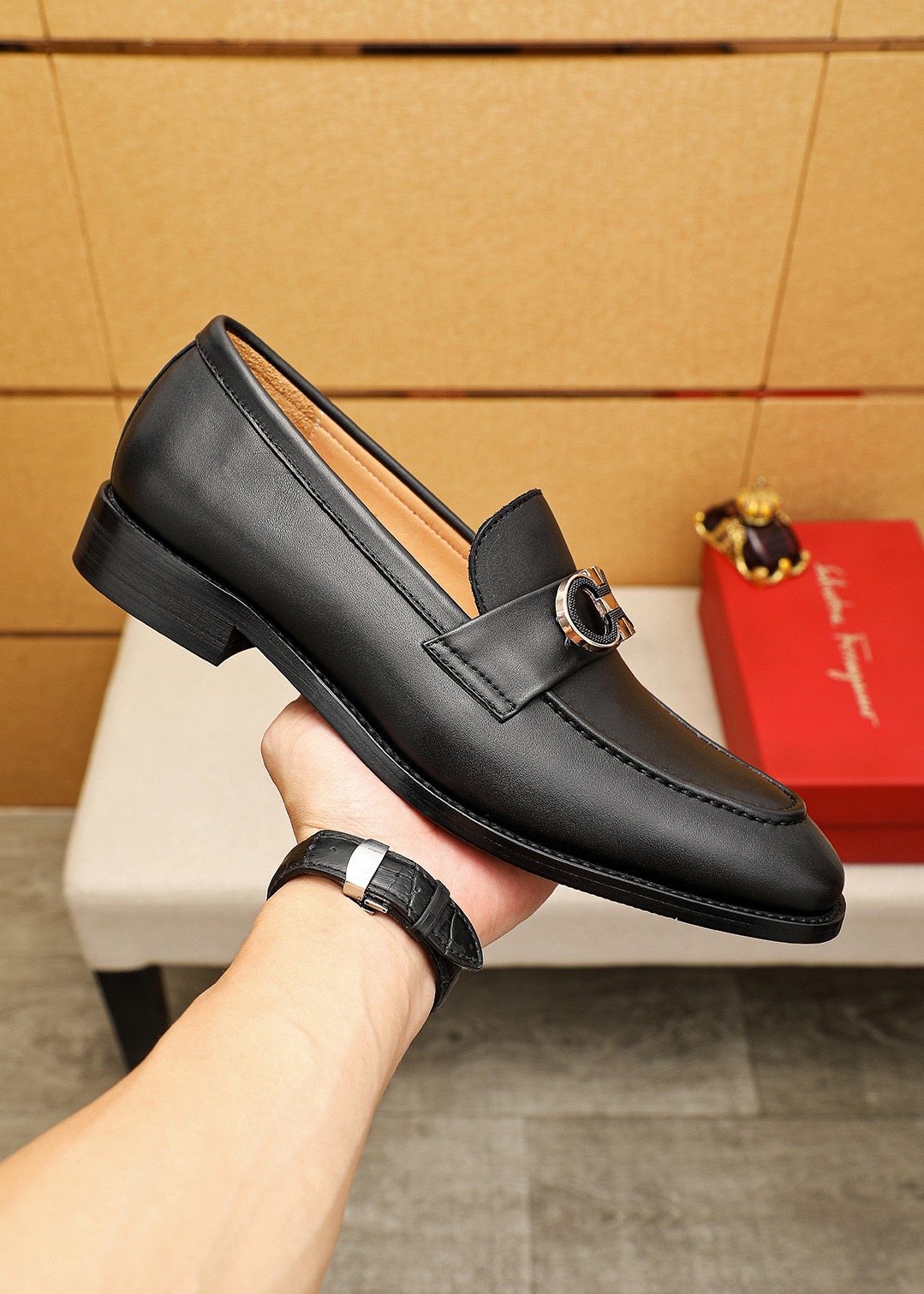 Ferragamo Black Buckle Loafers — model