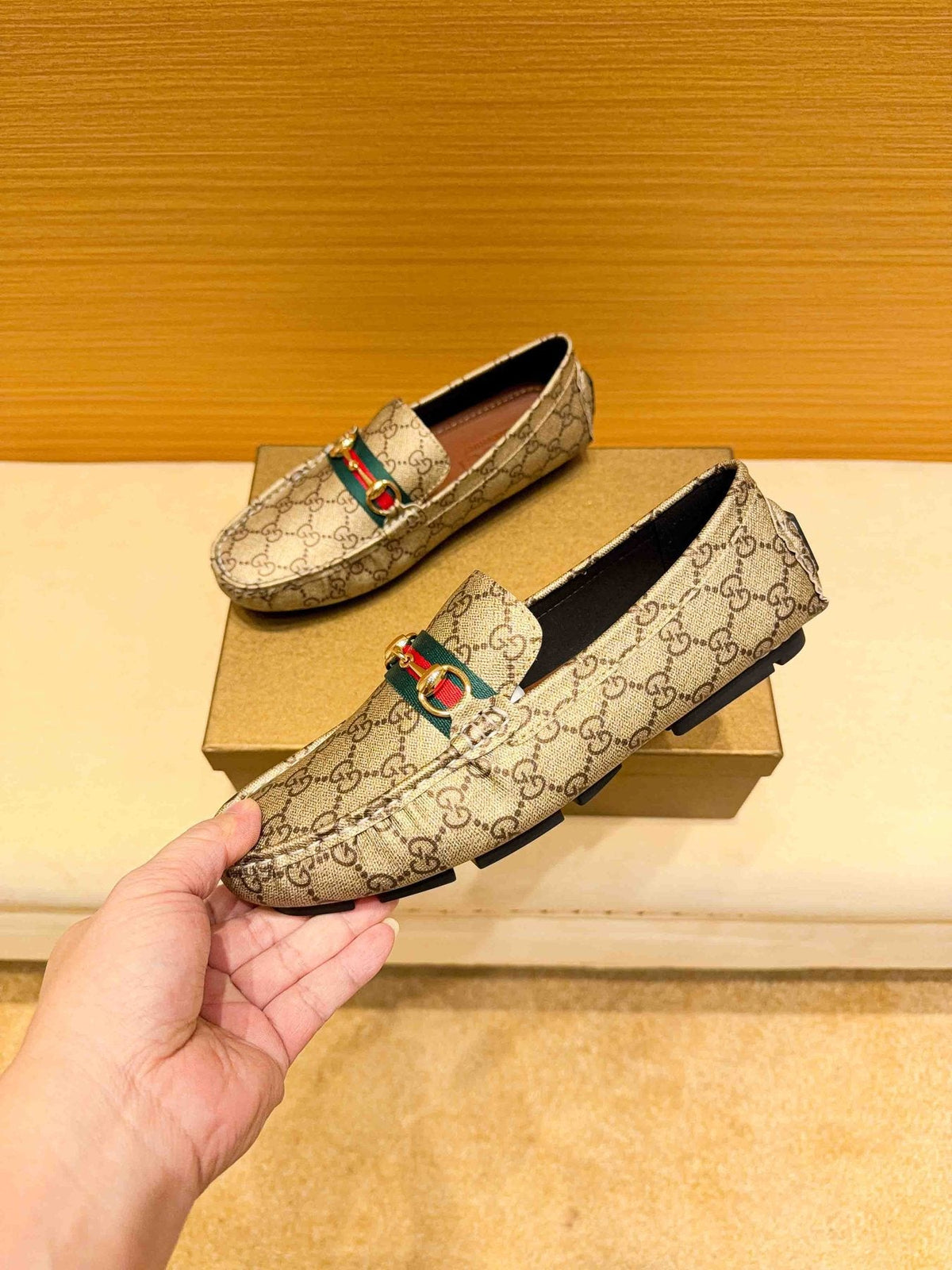 Gucci Beige Tan Monogram Horsebit Loafers — front