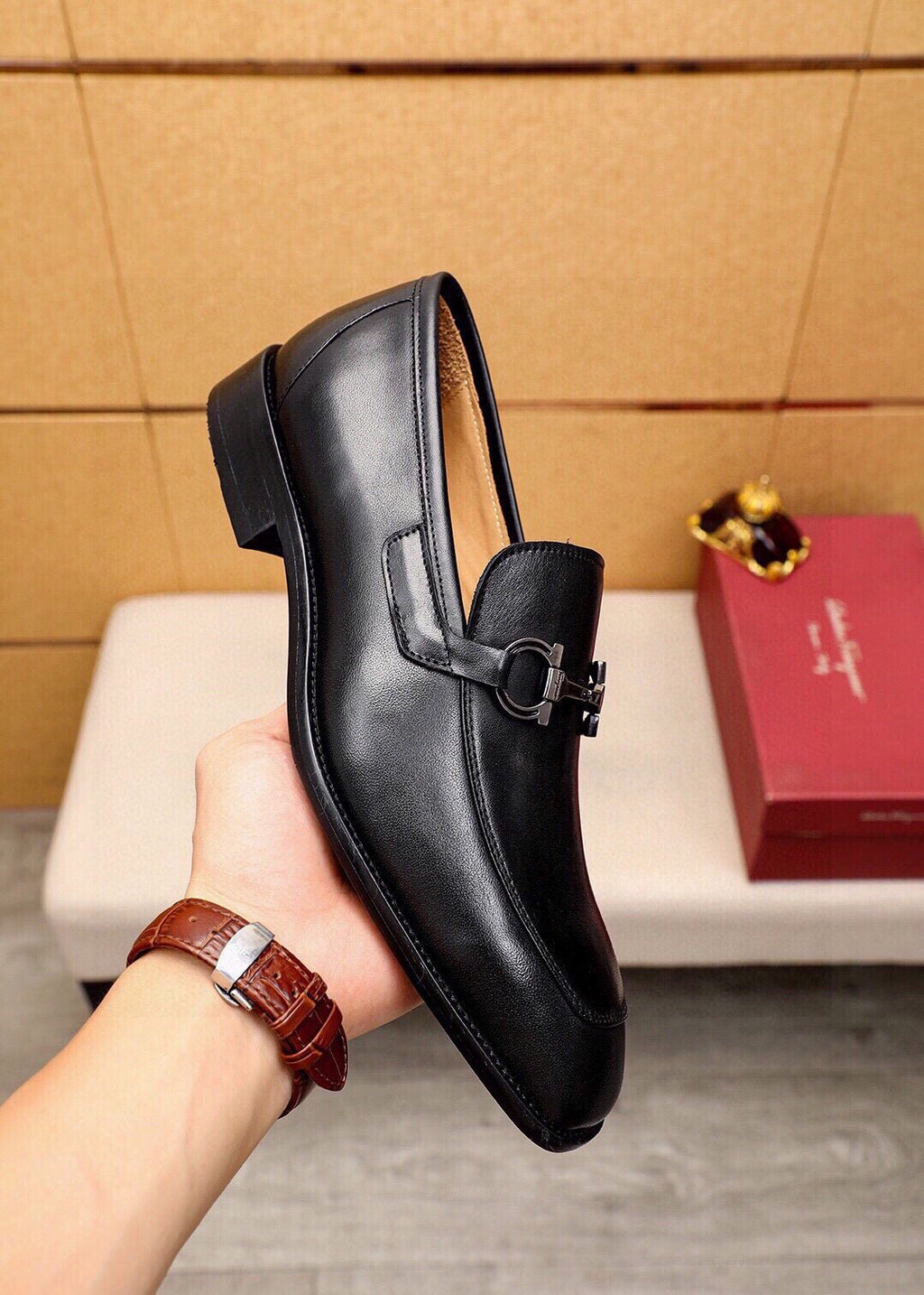 Ferragamo Black Metal-Hardware Loafers — detail