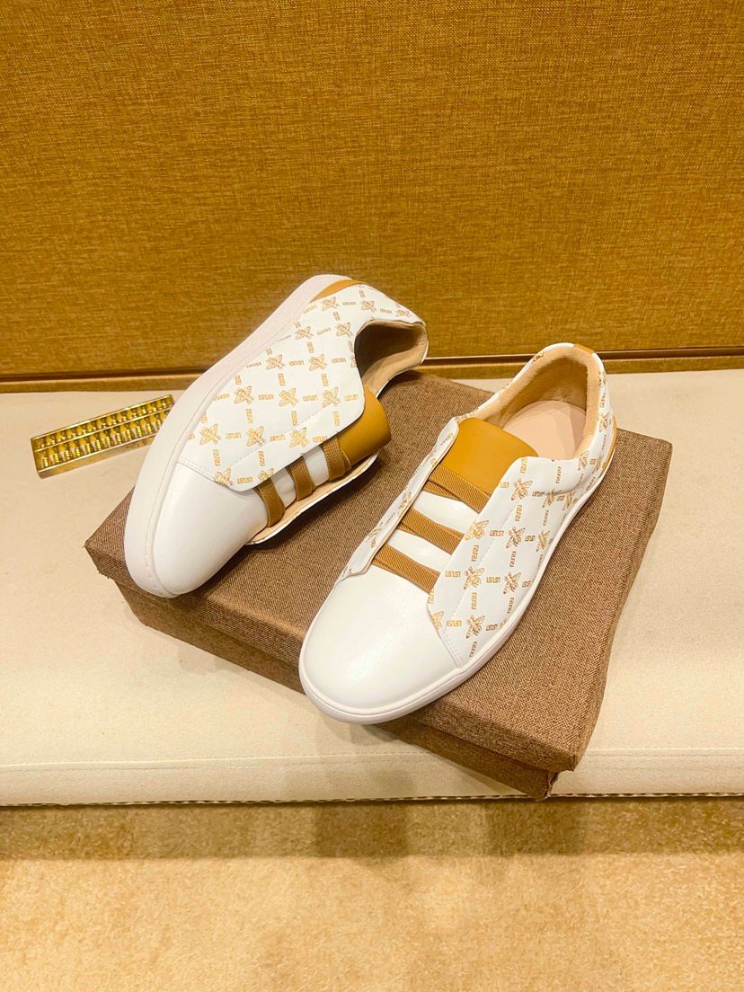 Beige Patterned Gold Stripe Low-Top Sneakers — side