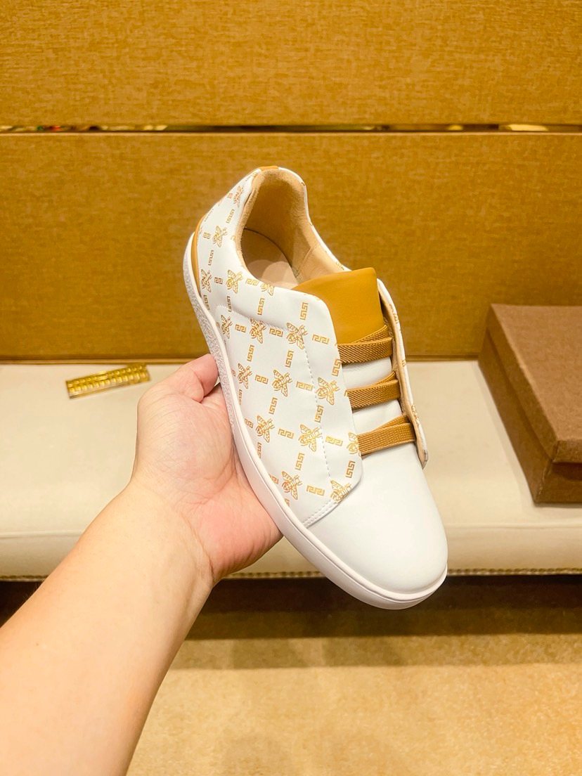 Beige Patterned Gold Stripe Low-Top Sneakers — side