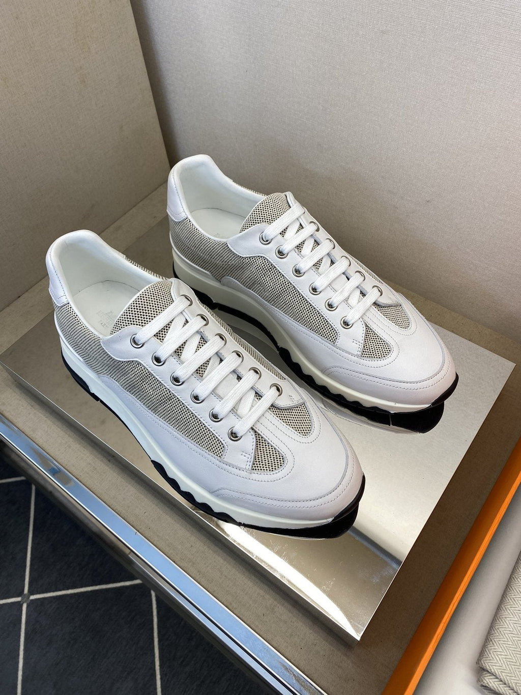 Hermès White & Gray Low-Top Sneakers — side