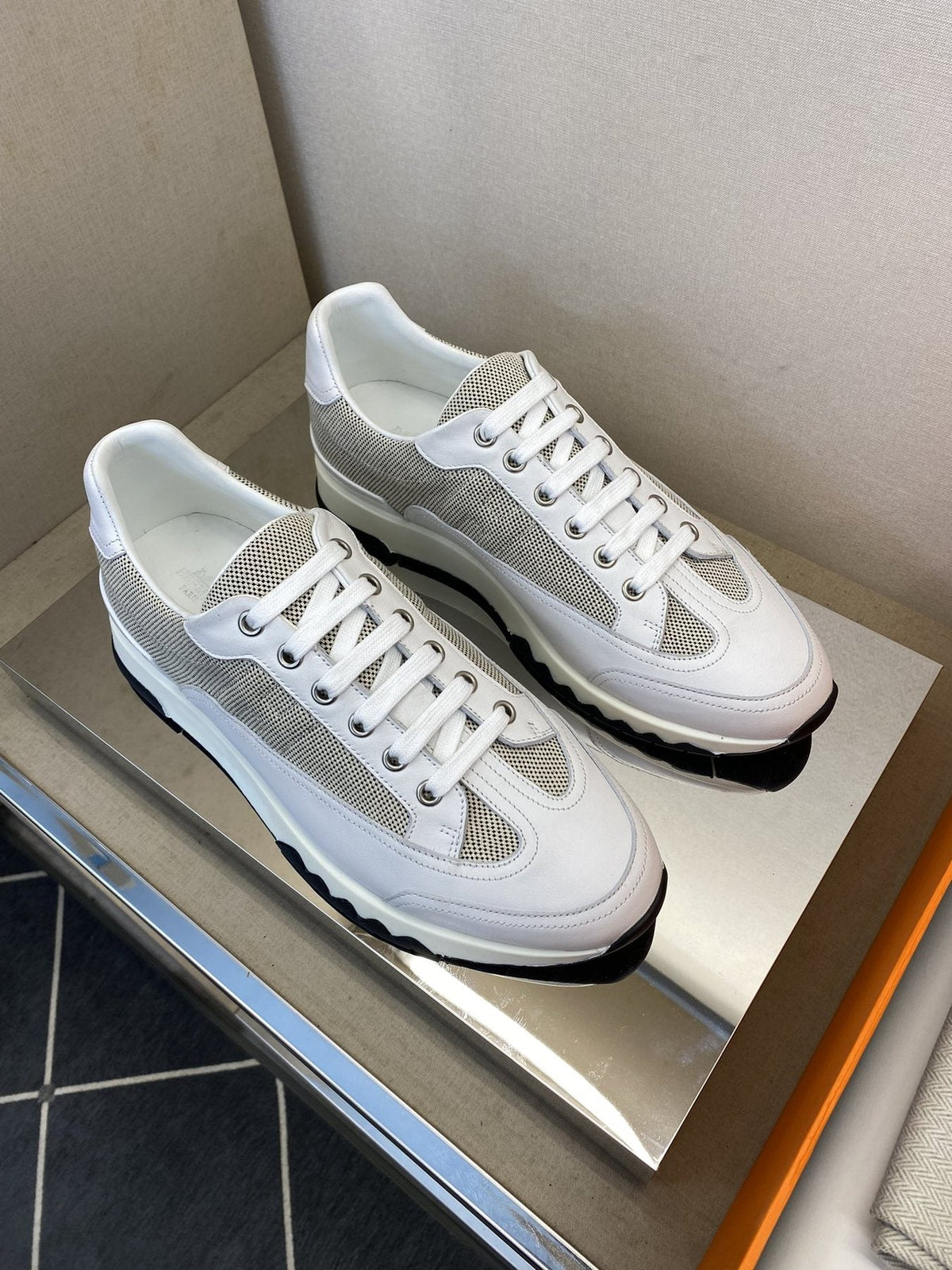 Hermès White & Gray Low-Top Sneakers — side