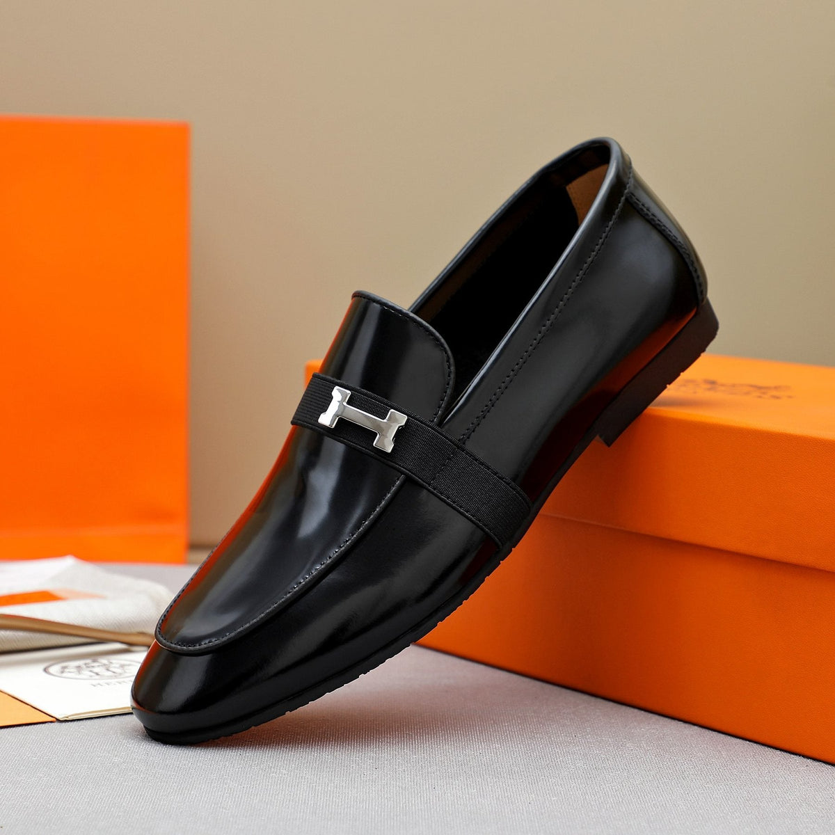 Hermès Black H-Hardware Loafers — side