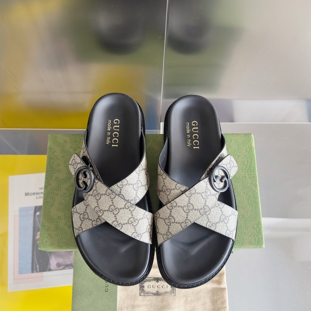 Gucci Beige Monogram Crossover Slide Sandals — front