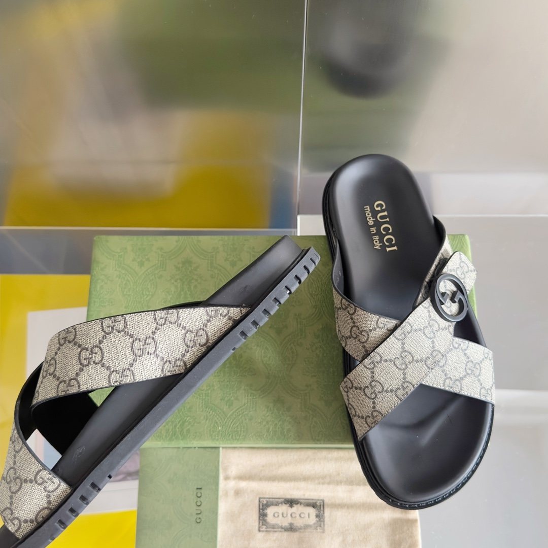 Gucci Beige Monogram Crossover Slide Sandals — side