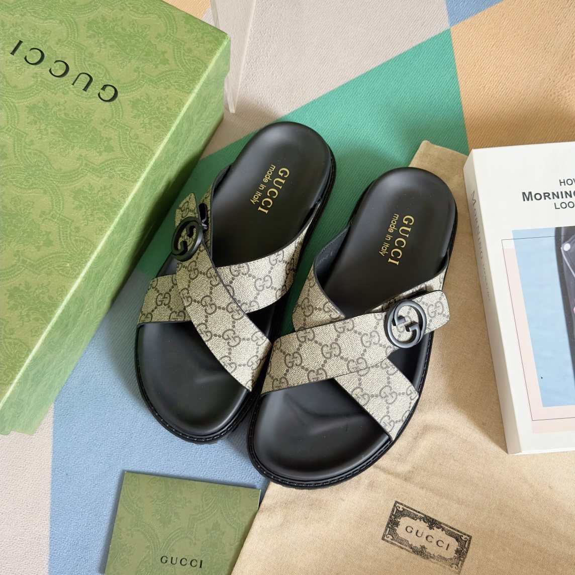 Gucci Beige Monogram Crossover Slide Sandals — front