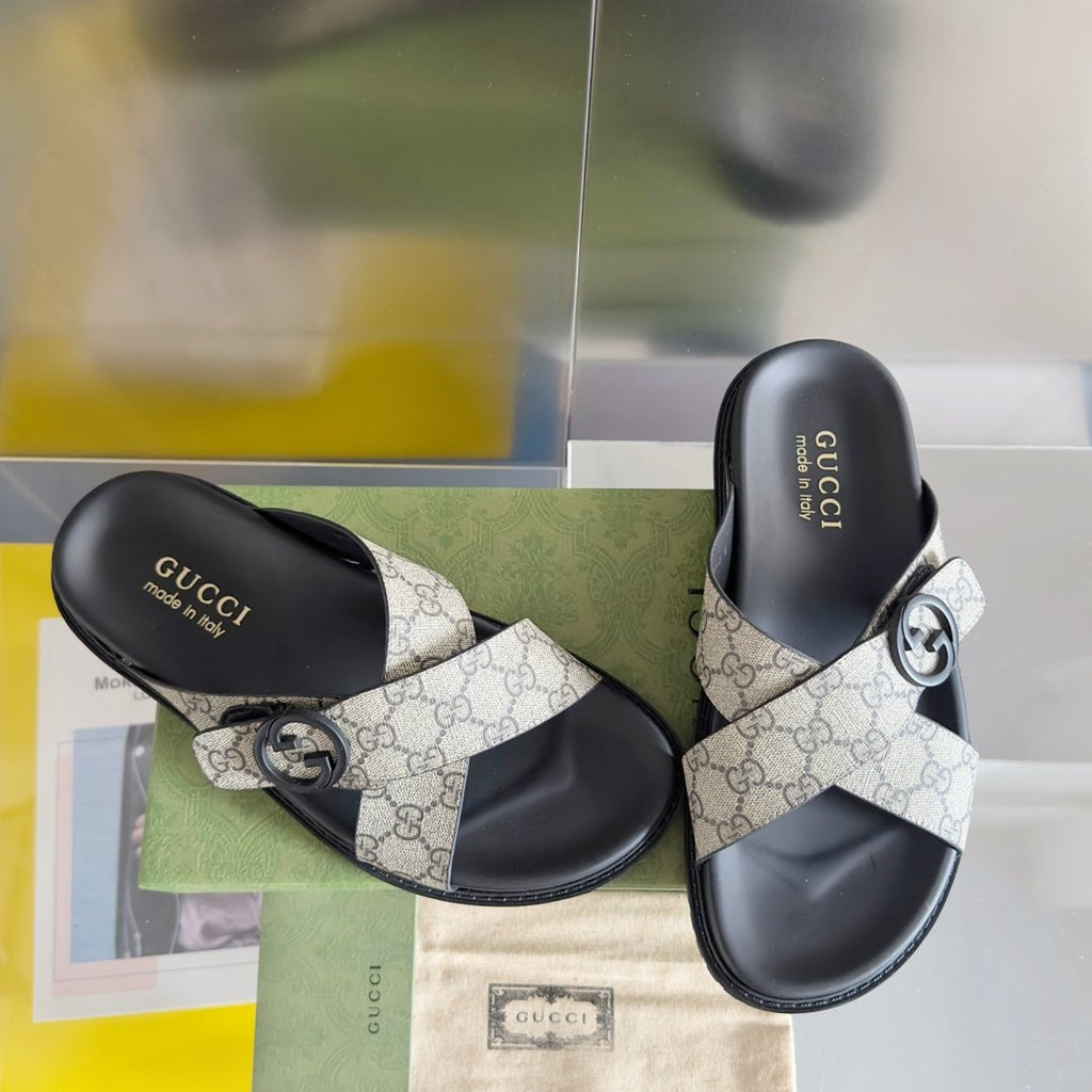 Gucci Beige Monogram Crossover Slide Sandals — front