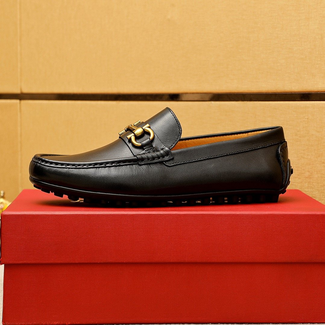 Ferragamo Black Gold-Tone Driving Loafers — side