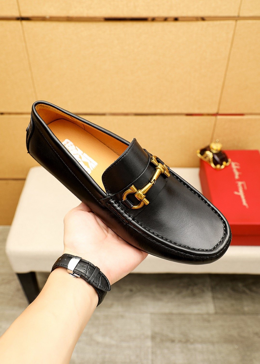 Ferragamo Black Gold-Tone Driving Loafers — model
