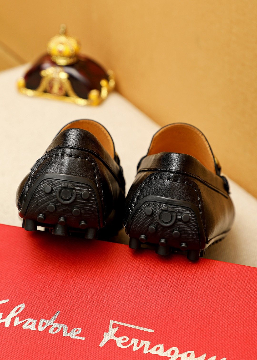 Ferragamo Black Gold-Tone Driving Loafers — back