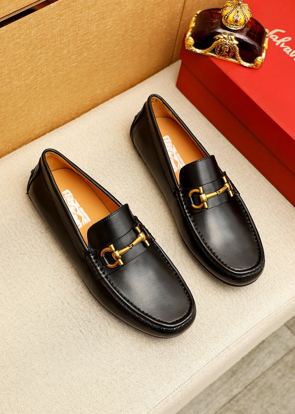 Ferragamo Black Gold-Tone Driving Loafers — front