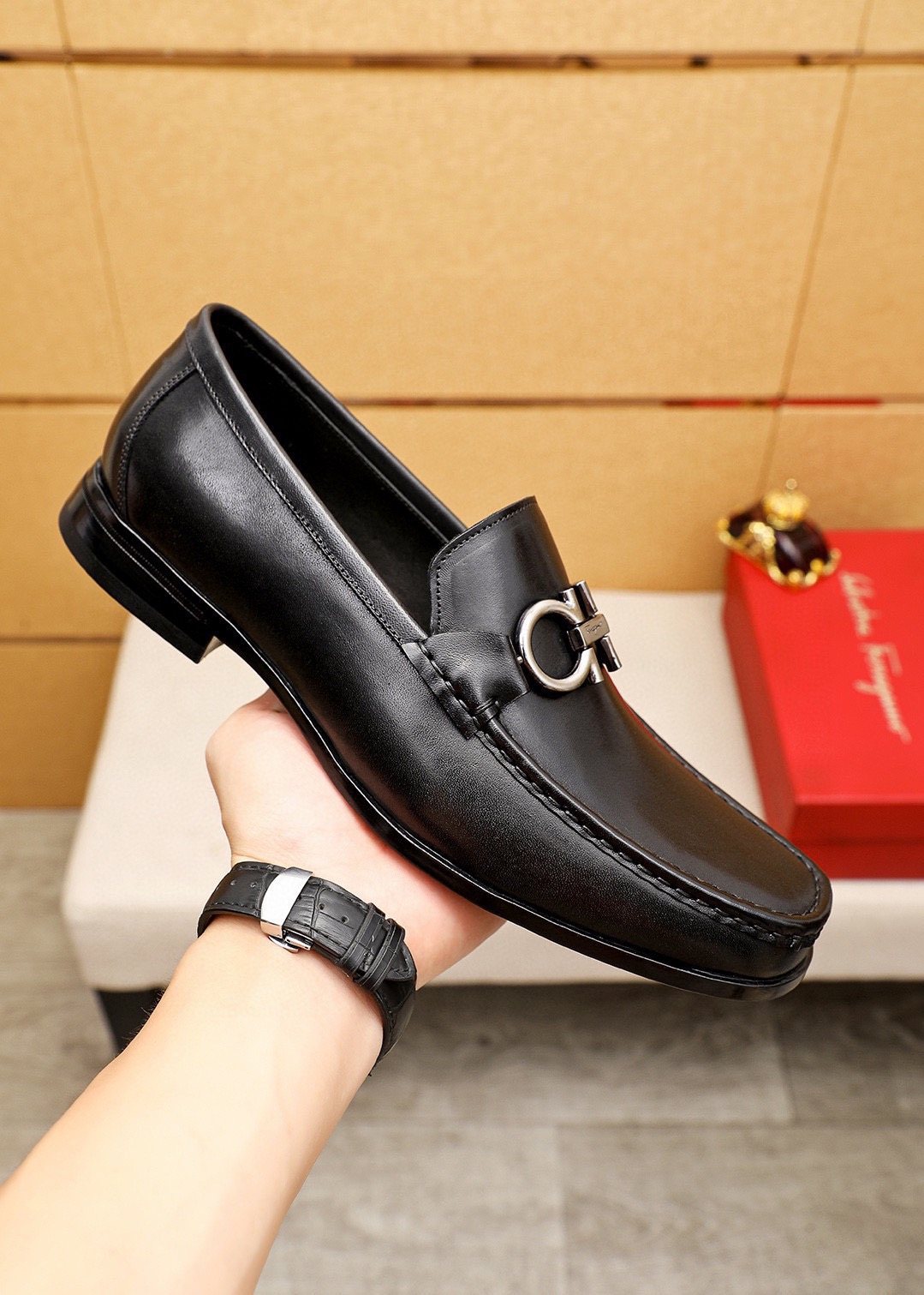 Ferragamo Black Metal-Hardware Loafers — model