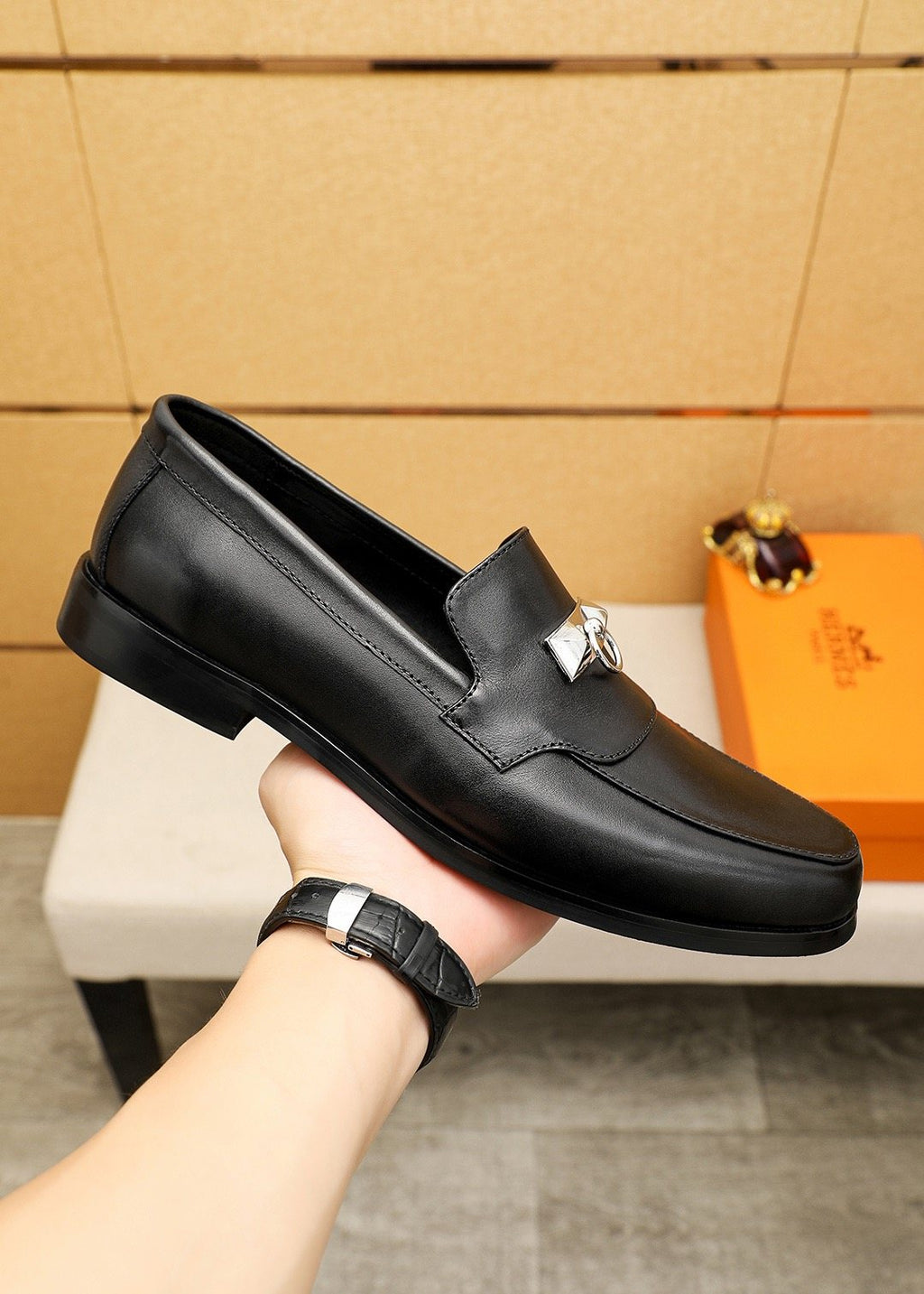 Hermès Black Hardware Slip-On Shoes — side