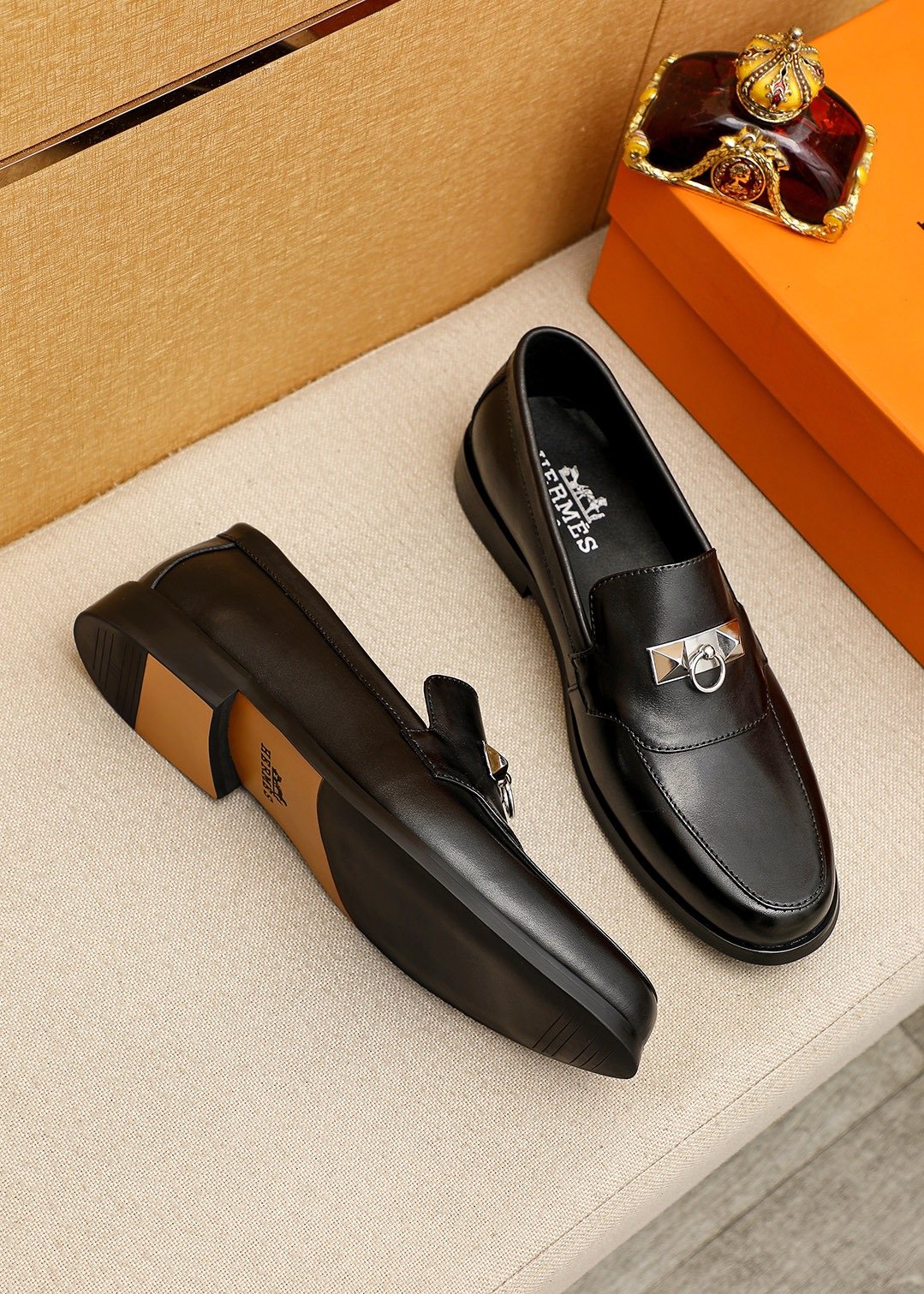Hermès Black Hardware Slip-On Shoes — front