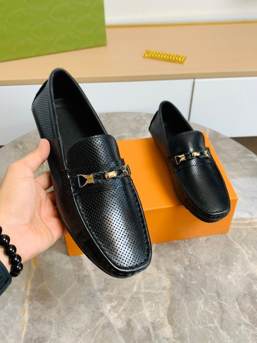 Black Textured Loafers with Gold-Tone Hardware — front