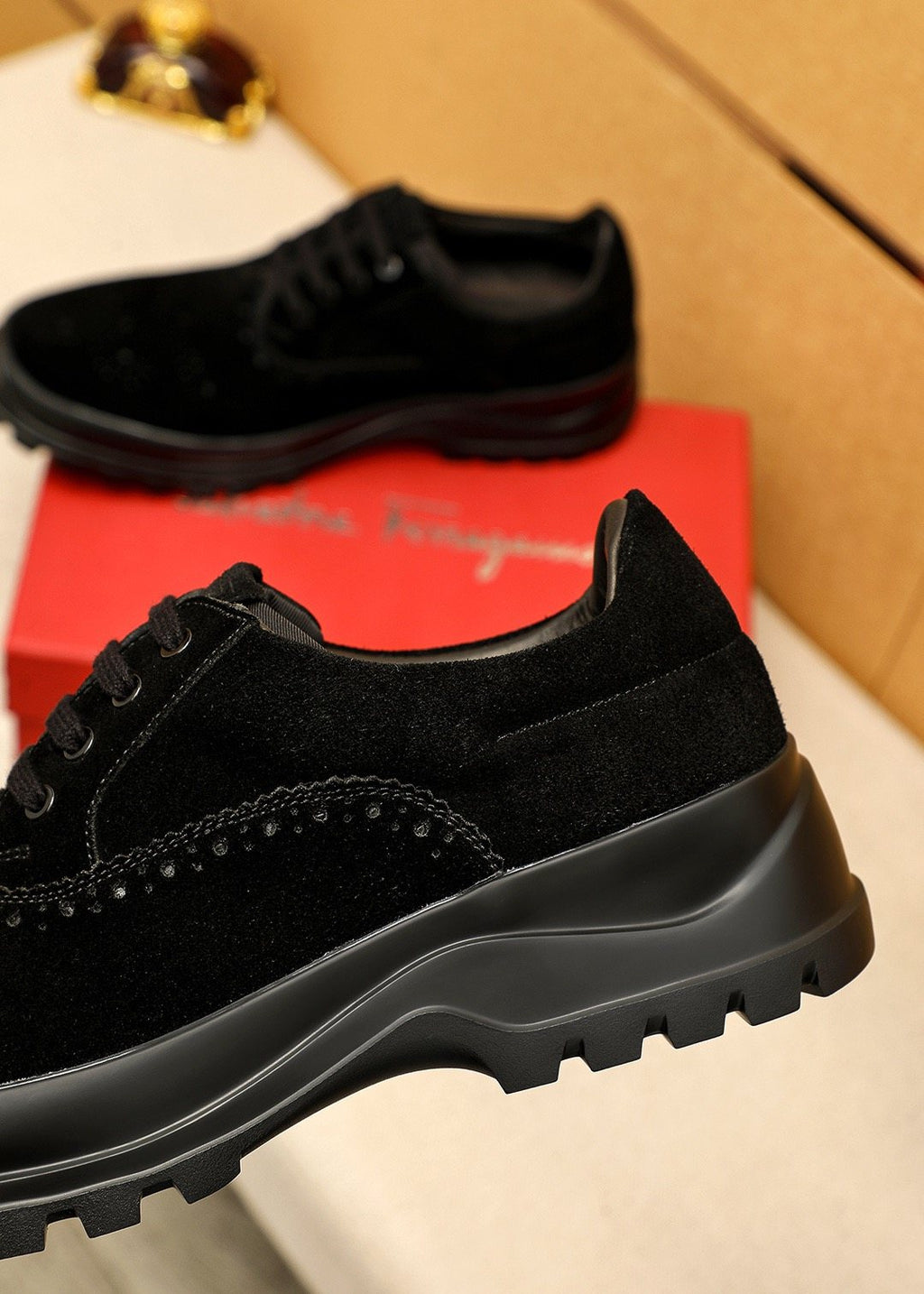 Ferragamo Black Perforated Lace-Up Shoes — detail