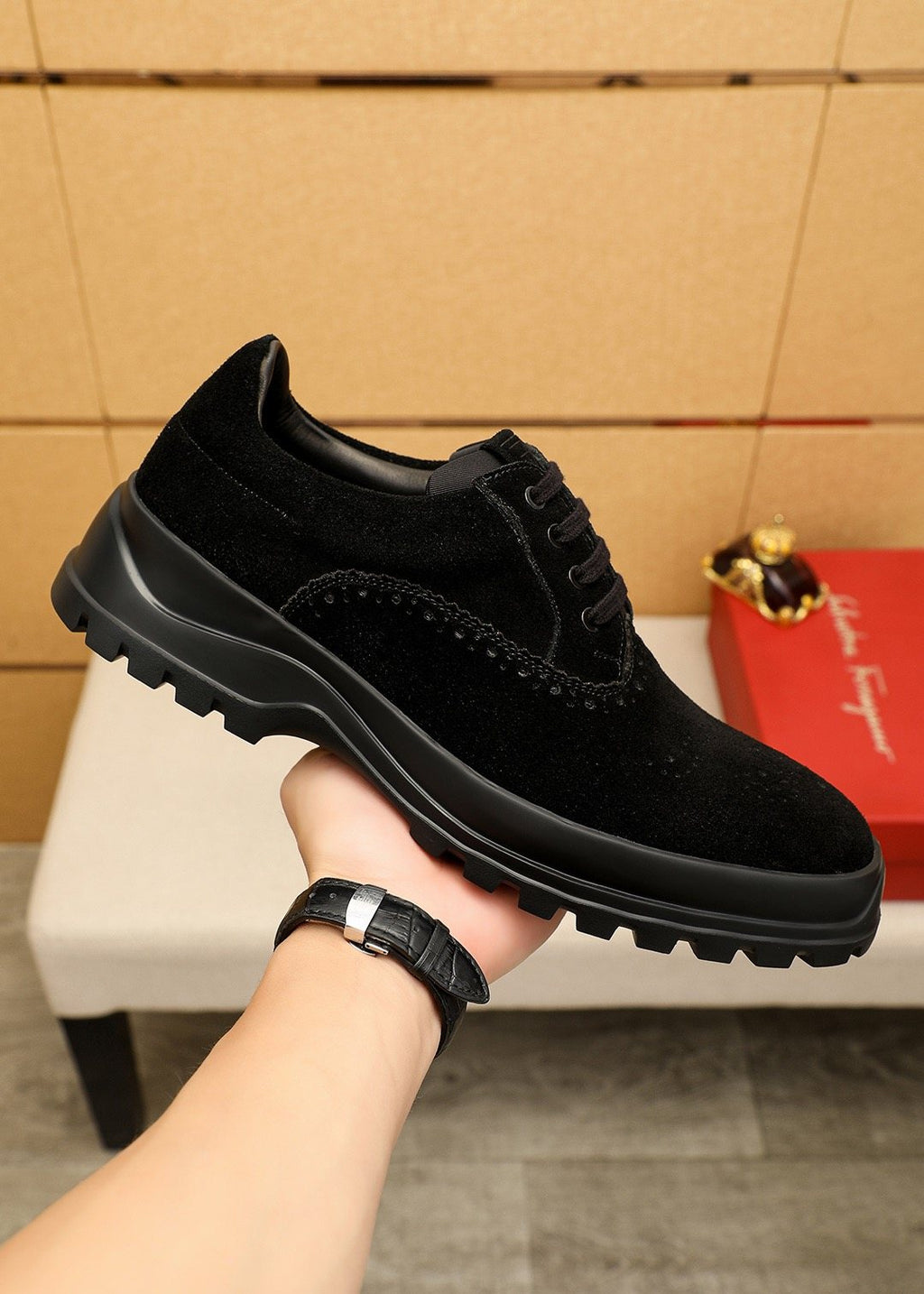Ferragamo Black Perforated Lace-Up Shoes — model