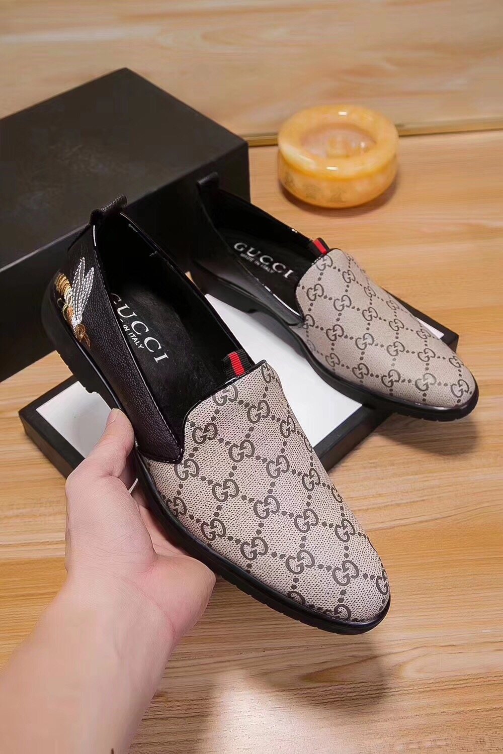 Gucci Beige Monogram Slip-On Shoes — model