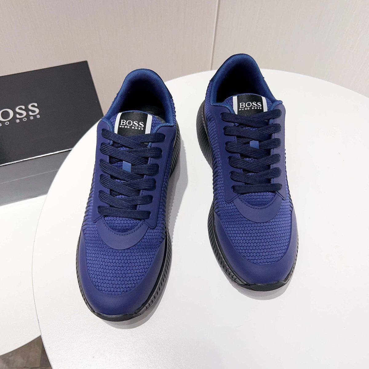 BOSS Navy Blue Knit Running Shoes — front