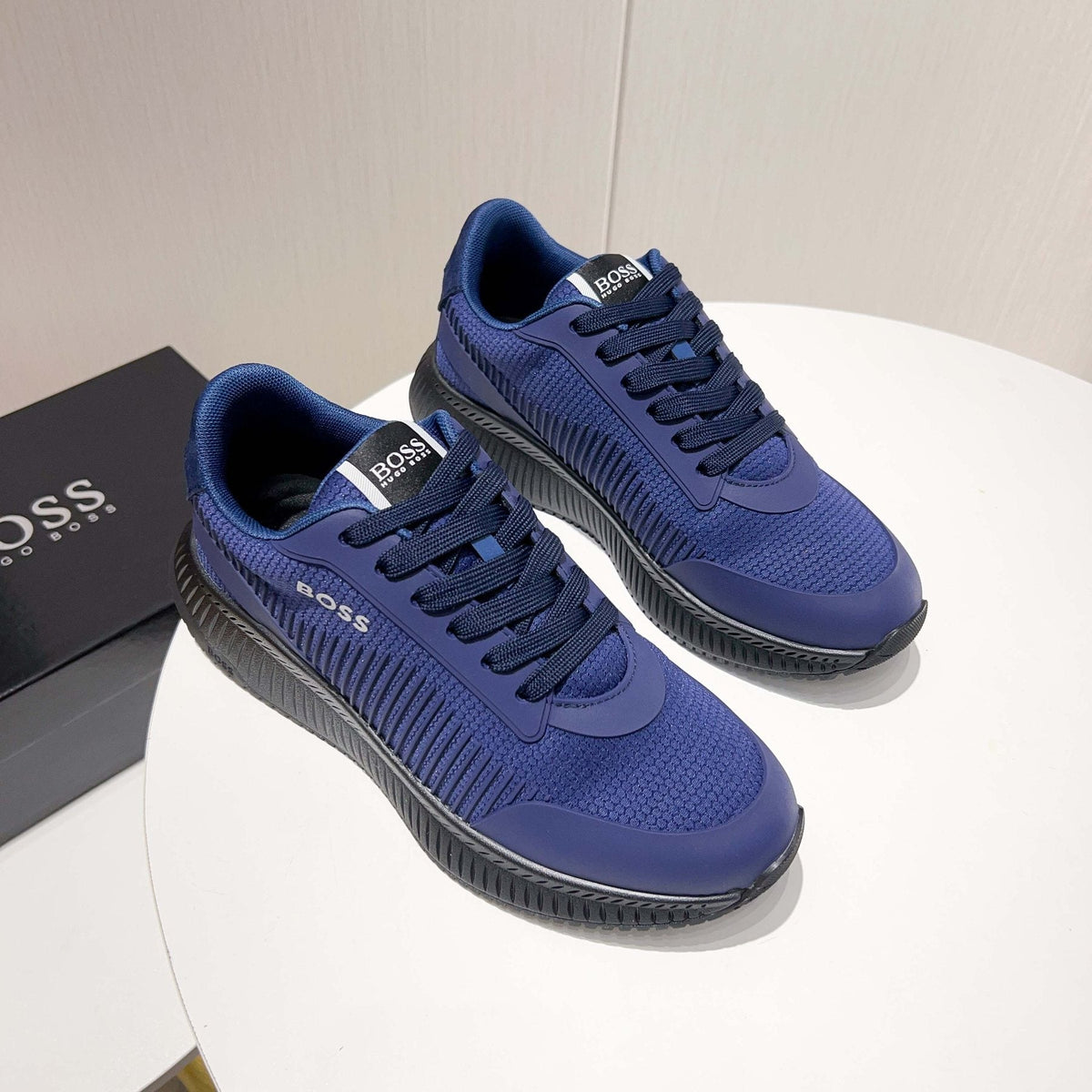 BOSS Navy Blue Knit Running Shoes — side