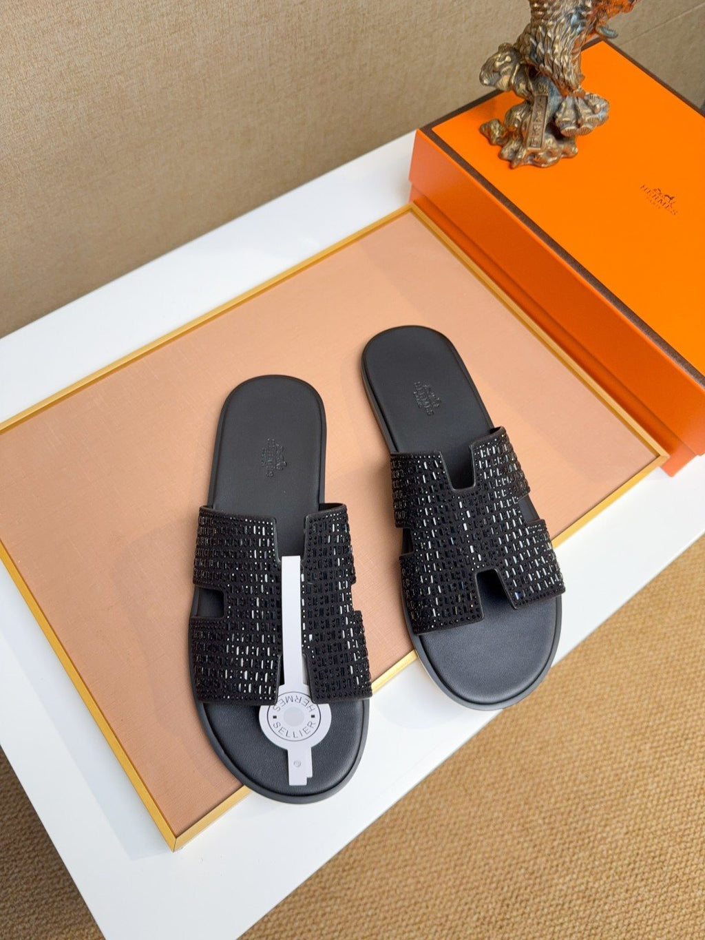 Hermès Black Textured H Slide Sandals — hero