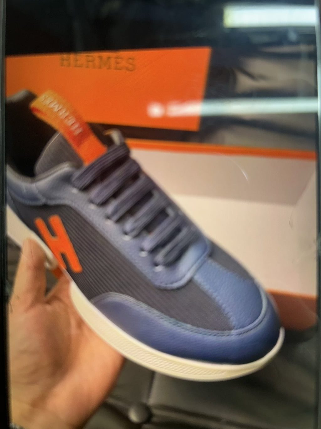 Hermès Navy Orange H-Detail Sneakers — side