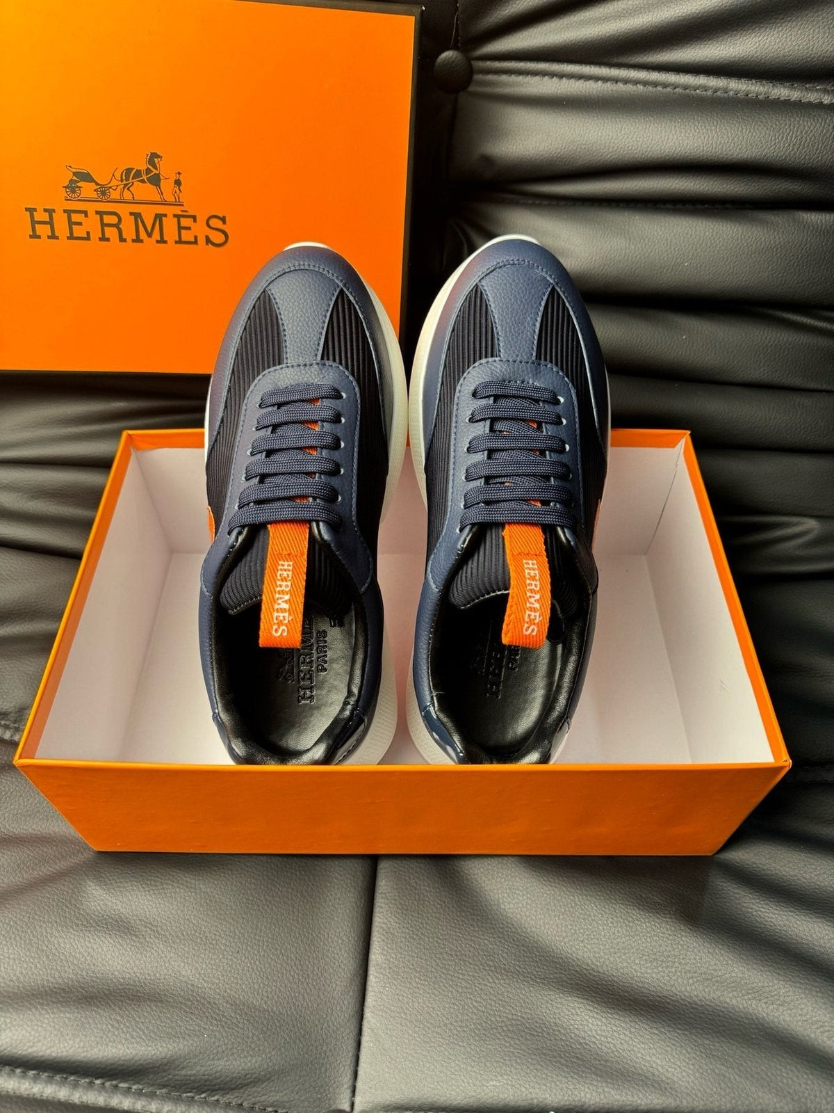 Hermès Navy Orange H-Detail Sneakers — front