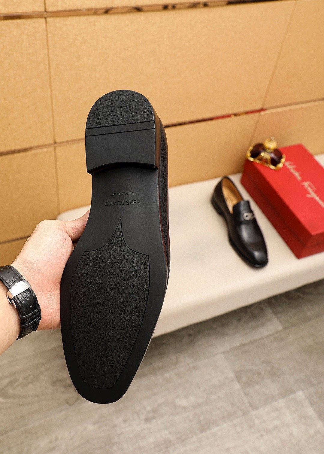 Ferragamo Black Metal Hardware Loafers — side