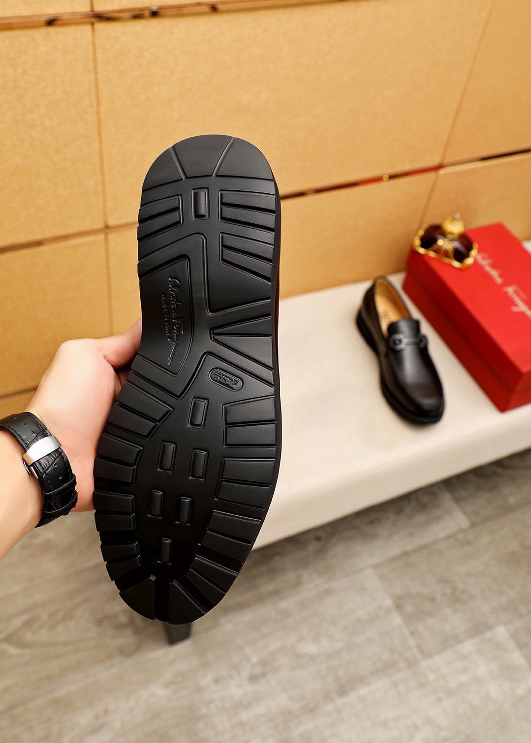 Ferragamo Black Textured Leather Slip-On Loafers — detail