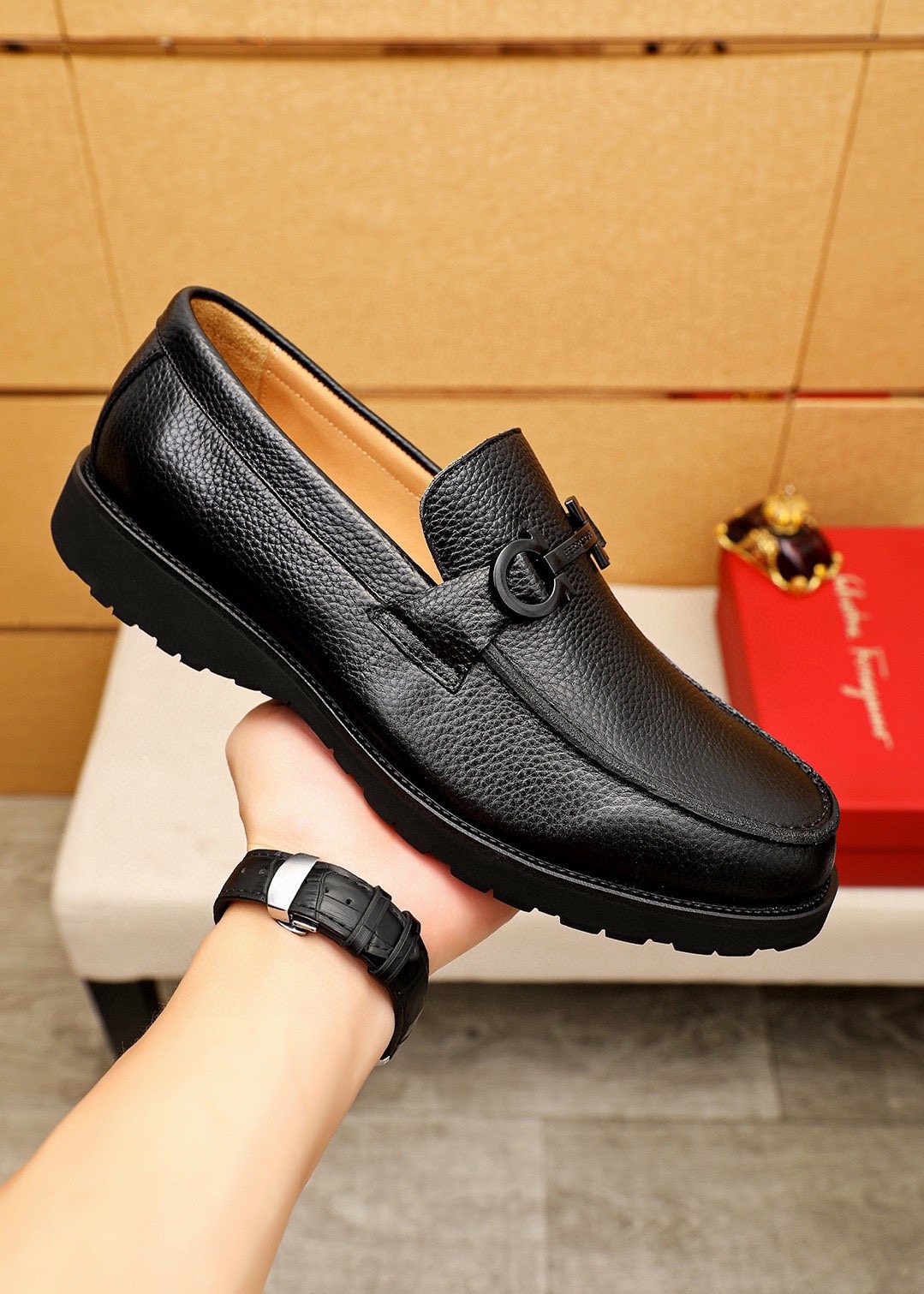 Ferragamo Black Textured Leather Slip-On Loafers — side