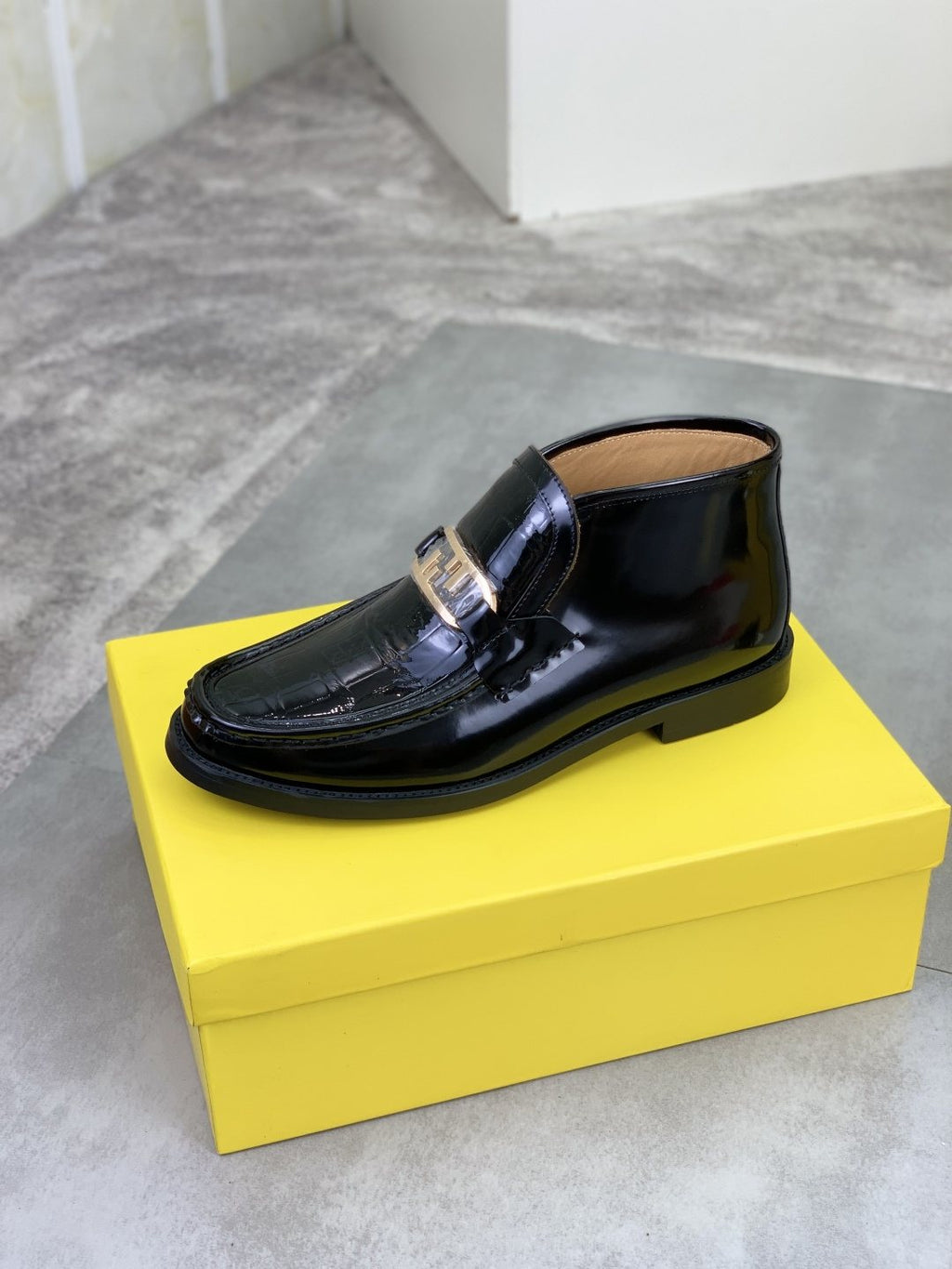 Fendi Black Glossy Buckle Loafers — side