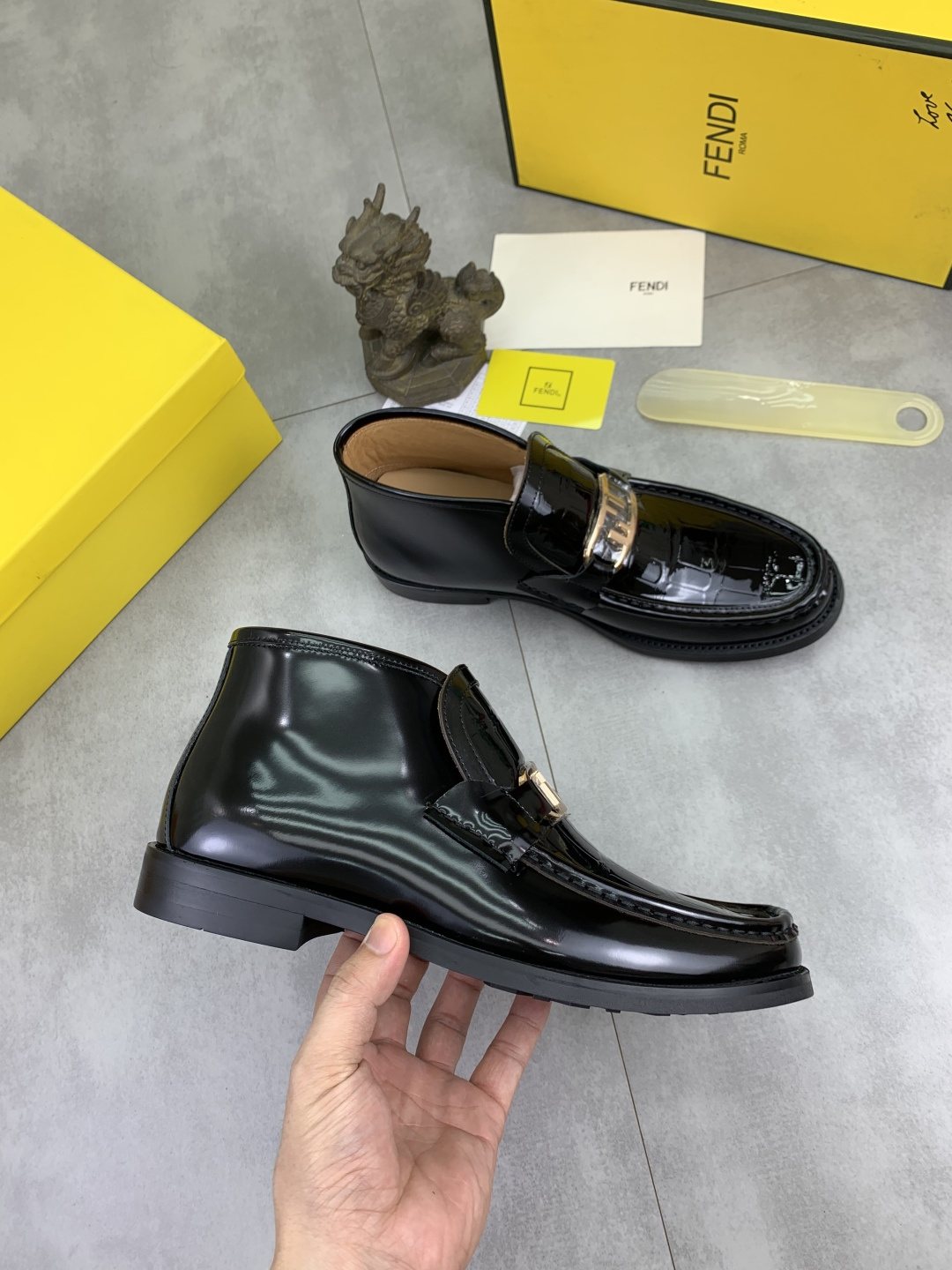 Fendi Black Glossy Buckle Loafers — side