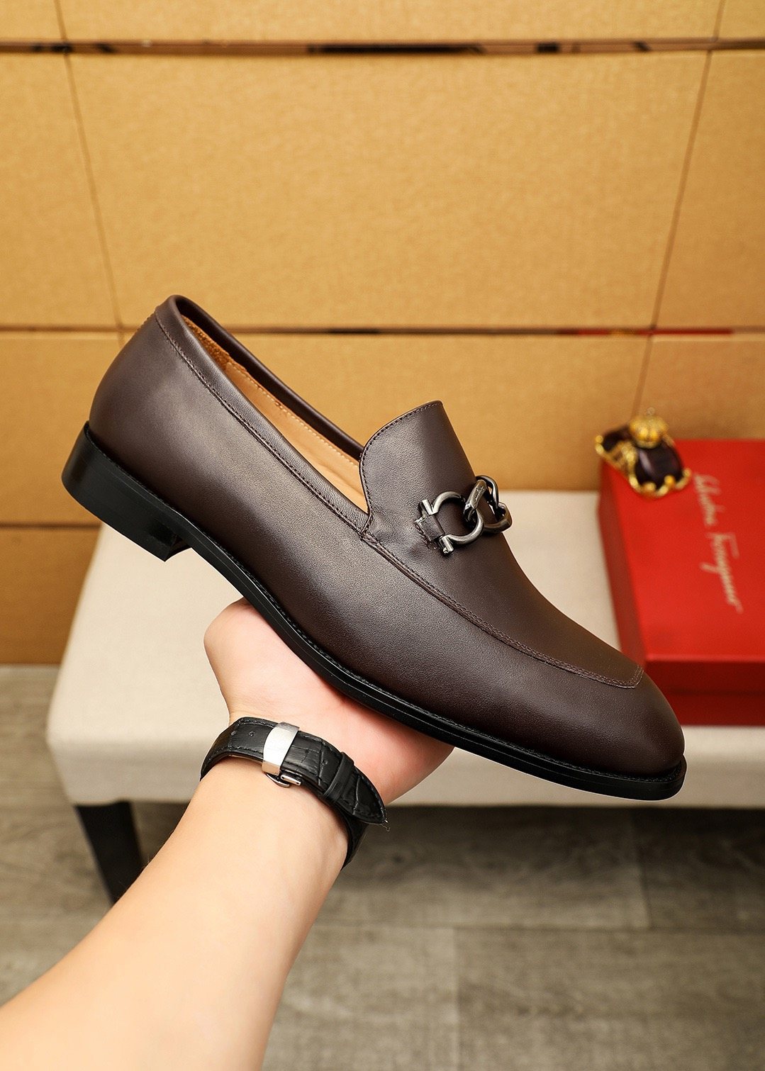 Ferragamo Dark Brown Bit Loafers — model