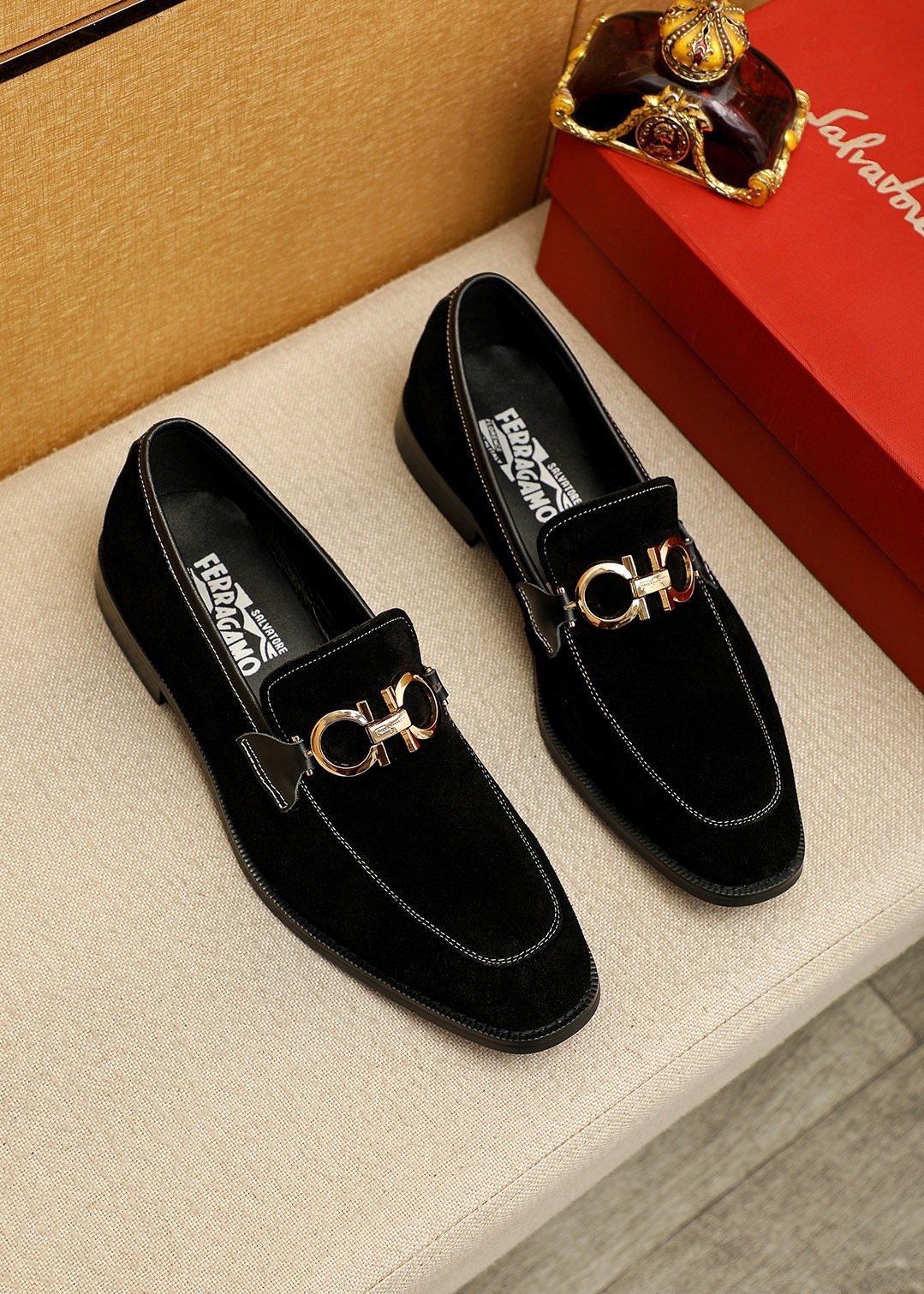 Ferragamo Black Suede Hardware Loafers — front