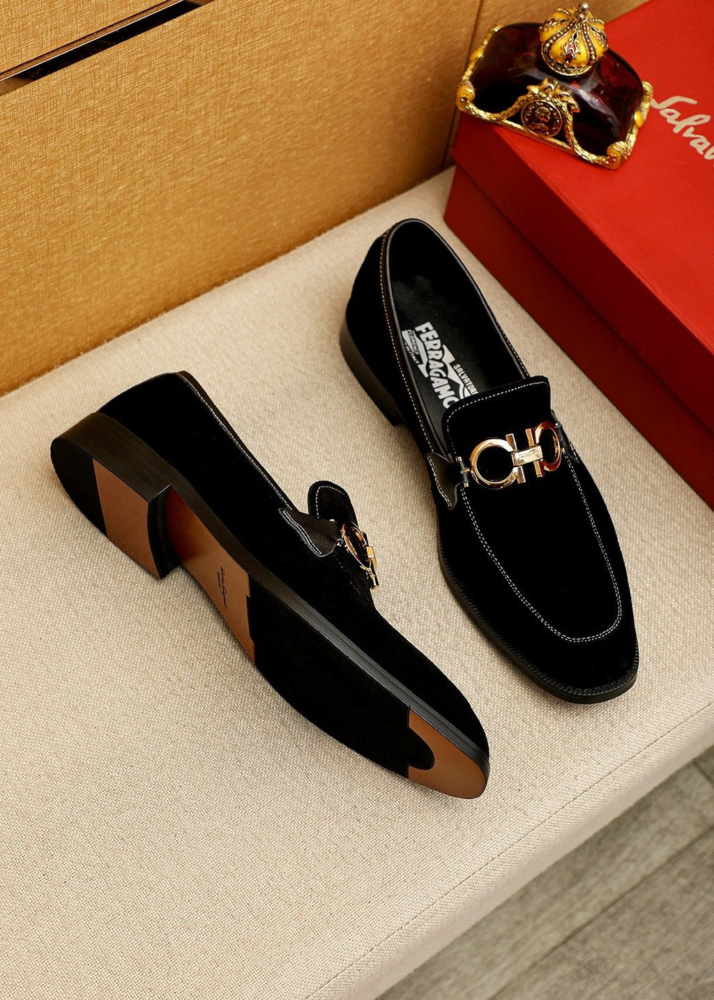 Ferragamo Black Suede Hardware Loafers — side