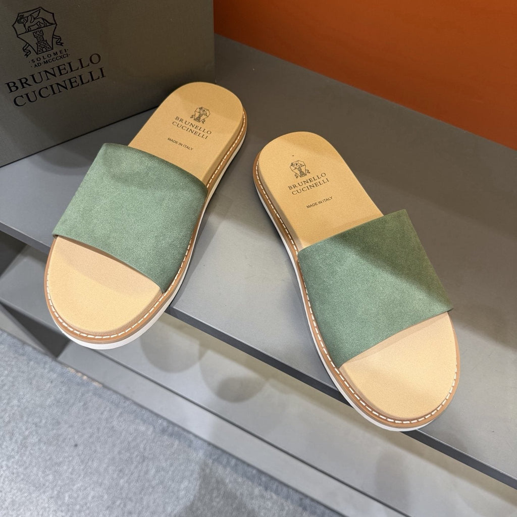 Brunello Cucinelli Sage Green Slide Sandals — front
