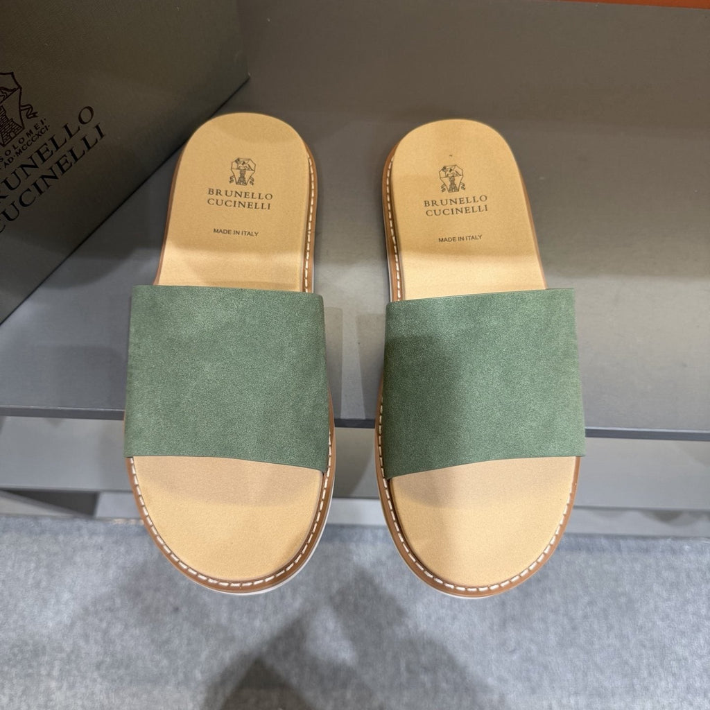 Brunello Cucinelli Sage Green Slide Sandals — hero