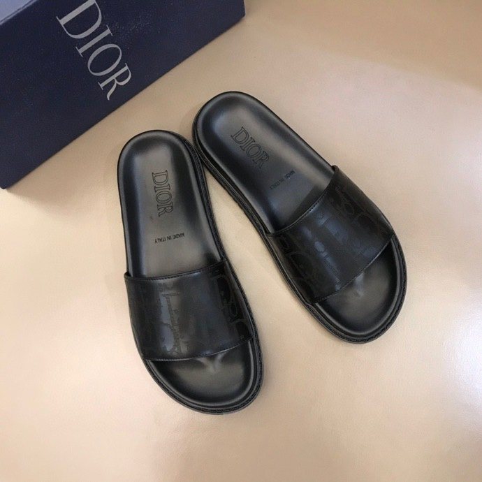Dior Black Embossed Strap Slide Sandals — front