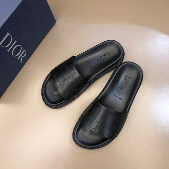 Dior Black Embossed Strap Slide Sandals — front