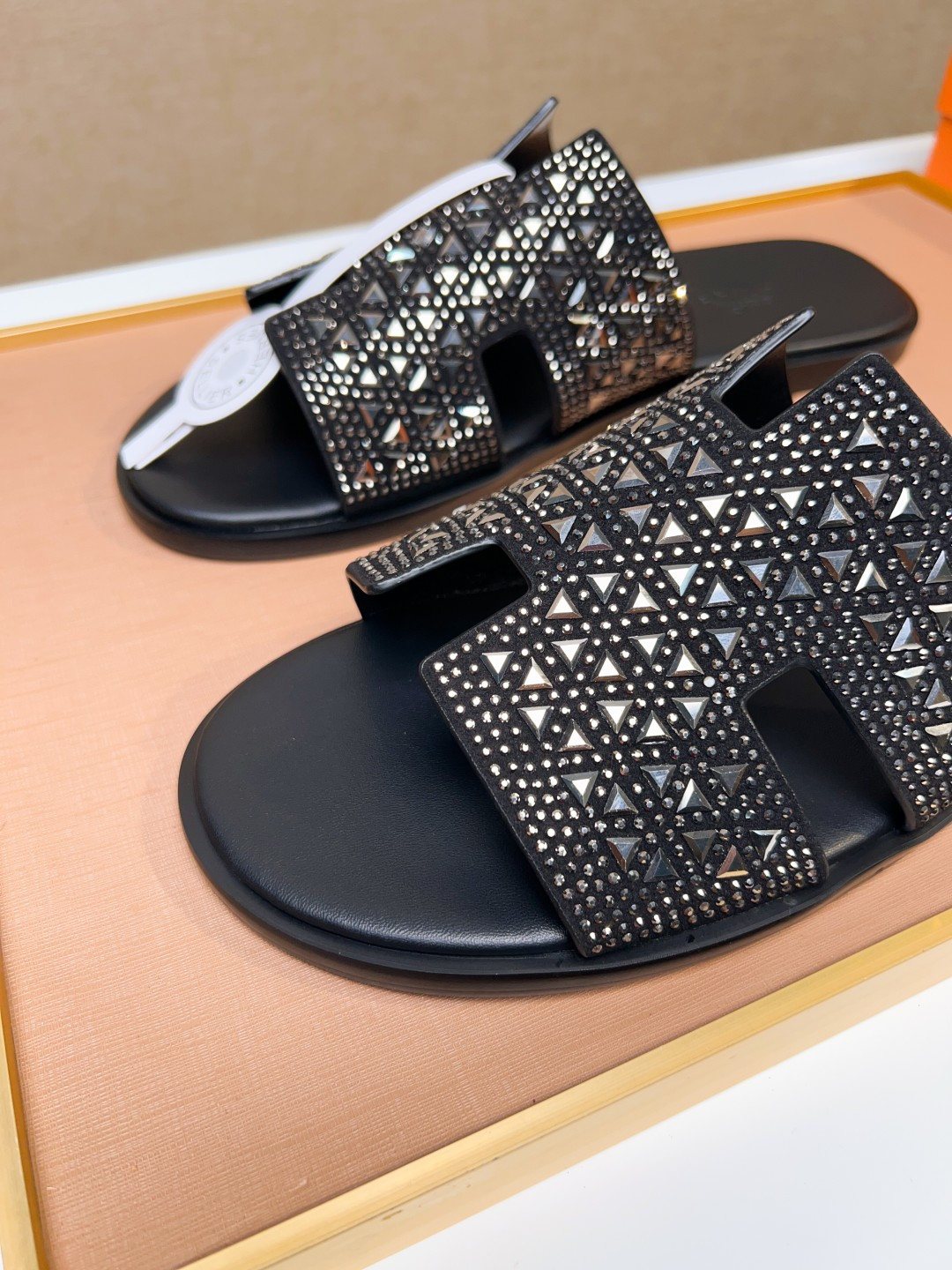 Hermès Black Textured H Slide Sandals — detail